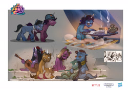 Size: 2395x1721 | Tagged: safe, artist:francesco denicolò, boulder media, human, pony, unicorn, g5, my little pony: a new generation, beard, book, boulder media logo, bridlewood, candle, carpet, carrying, clothes, concept art, crystal tea room, cup, facial hair, female, grass, guitar, hasbro, hasbro logo, hat, horn, irl, irl human, logo, long mane, long tail, looking at each other, looking at someone, looking at something, looking at you, male, mare, multiple characters, musical instrument, neck bow, netflix, netflix logo, photo, reference sheet, scarf, singing, stallion, tail, teacup, teapot, tired, unshorn fetlocks, walking