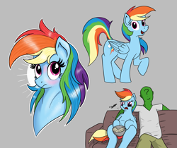 Size: 2803x2356 | Tagged: safe, artist:eels, rainbow dash, oc, oc:anon, human, pegasus, pony, g4, burp, couch, duo, duo male and female, female, food, gray background, male, multicolored hair, open mouth, open smile, popcorn, rainbow hair, simple background, smiling, tubby wubby pony waifu