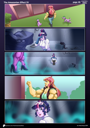 Size: 2958x4183 | Tagged: safe, artist:atariboy2600, artist:bluecarnationstudios, sci-twi, spike, sunset shimmer, twilight sparkle, dog, human, comic:the amazonian effect, comic:the amazonian effect iv, equestria girls, g4, big breasts, bra, breasts, buff breasts, busty sunset shimmer, cleavage, clothes, comic, female, huge breasts, midnight sparkle, muscles, muscular female, overdeveloped muscles, sci-twi's house, spike the dog, sunset lifter, underwear