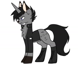 Size: 1500x1250 | Tagged: safe, artist:ruchiyoto, oc, oc only, oc:black cross, fox, fox pony, hybrid, unicorn, boots, clothes, fusion, horn, shoes, simple background, solo, white background