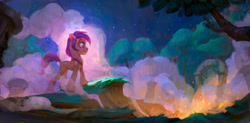 Size: 3367x1654 | Tagged: safe, artist:francesco denicolò, sunny starscout, earth pony, pony, g5, my little pony: a new generation, alternate design, alternate hairstyle, concave belly, concept art, female, fire, forest, glowing, grass, mare, nature, night, nightime, orange coat, outdoors, purple mane, purple tail, slender, smoke, tail, thin, tree, unshorn fetlocks