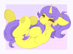 Size: 2395x1764 | Tagged: safe, artist:adostume, oc, oc only, oc:tulipan, pony, unicorn, biting, blushing, cute, eyes closed, horn, lying down, nibbling, ocbetes, on back, passepartout, ponytail, raised hoof, solo, tail, tail bite, underhoof, unicorn oc