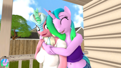 Size: 3840x2160 | Tagged: safe, artist:pootanger_sfm, oc, oc only, oc:fiona mahri, oc:sugar floss, kirin, unicorn, anthro, 3d, day, duo, duo female, eyes closed, female, fence, grass, horn, hug, hug from behind, kirin oc, looking back, outdoors, png, porch, smiling, source filmmaker, tree, unicorn oc