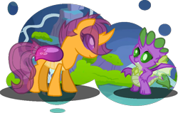 Size: 741x472 | Tagged: safe, artist:craftycitty, scootaloo, spike, changedling, changeling, g4, changedlingified, changeling dragon, changelingified, duo, duo male and female, female, filly, foal, looking at each other, looking at someone, male, scootaling, smiling, smiling at each other, species swap, story included