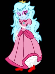 Size: 768x1024 | Tagged: safe, artist:yvettemac, oc, oc only, oc:jemimasparkle, human, equestria girls, g4, black background, clothes, crown, cute, dress, female, gloves, gown, high heels, jewelry, ocbetes, poofy shoulders, princess peach, regalia, shoes, simple background, solo, super mario bros.