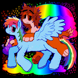 Size: 2048x2048 | Tagged: safe, artist:vemrill, rainbow dash, oc, pegasus, pony, g4, black background, bong, duo, female, looking at you, mare, rainbow gradient, simple background, smiling, spread wings, trippy, wings