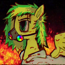 Size: 1436x1433 | Tagged: safe, artist:vemrill, oc, oc only, oc:wooden toaster, pegasus, pony, fanfic:rainbow factory, bust, fanfic art, fire, green eyes, yellow coat