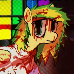 Size: 1440x1440 | Tagged: safe, artist:vemrill, oc, oc only, oc:wooden toaster, pegasus, pony, fanfic:rainbow factory, blood, fanfic art, female, green eyes, mare, solo