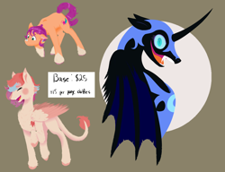 Size: 3000x2300 | Tagged: safe, artist:squeezymouse, nightmare moon, sunny starscout, oc, oc:cardia, alicorn, butterfly, earth pony, hybrid, pegasus, g5, advertisement, bat wings, butterfly on nose, commission info, commission open, hybrid pony, hybrid wings, insect on nose, lineless, pegasus oc, simple background, wings