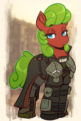 Size: 1952x2912 | Tagged: safe, artist:witchtaunter, earth pony, pony, armor, clothes, commission, ear fluff, fallout, female, lidded eyes, mare, solo, unamused