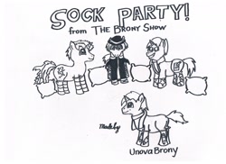 Size: 2338x1700 | Tagged: safe, artist:unova brony, oc, oc only, oc:blankedmind, oc:circuit mane, oc:d-pad, oc:unova brony, pony, unicorn, clothes, fedora, hat, horn, pillow, simple background, socks, striped socks, the brony show, white background