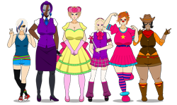 Size: 1157x691 | Tagged: safe, applejack, fluttershy, pinkie pie, rainbow dash, rarity, twilight sparkle, human, g4, clothes, cowboy hat, hat, headcanon, humanized, kisekae, mane six, school uniform, simple background, skirt, transparent background, vitiligo