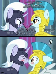 Size: 1936x2571 | Tagged: safe, artist:banquo0, guardian angel (g4), silver sable, pegasus, pony, unicorn, g4, 2 panel comic, angry, armor, blush lines, blushing, comic, cute, dialogue, duo, duo female, ears back, exclamation point, eyes closed, female, floppy ears, guard armor, guard helmet, guardsmare, heart, heart eyes, horn, kiss on the lips, kissing, lesbian, mare, open mouth, royal guard, ship:angelsable, shipping, spread wings, stare down, surprise kiss, surprised, text, wingboner, wingding eyes, wings