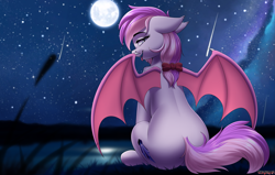 Size: 4955x3160 | Tagged: source needed, safe, artist:redmn, oc, oc only, oc:malina, bat pony, pony, back, bow, butt, female, hair bow, looking at you, looking back, looking back at you, mare, moon, open mouth, outdoors, partially open wings, plot, shooting star, sitting, solo, stars, tongue out, wings