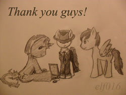 Size: 700x525 | Tagged: safe, artist:elf016, oc, oc only, oc:circuit mane, oc:d-pad, oc:hypermark, earth pony, pony, unicorn, computer, fedora, hat, horn, laptop computer, the brony show, traditional art, trio