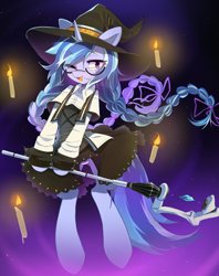 Size: 2843x3587 | Tagged: safe, artist:astralblues, oc, oc only, pony, unicorn, braid, broom, candle, clothes, cosplay, costume, female, hat, horn, mare, mushoku tensei, roxy migurdia, solo, witch hat