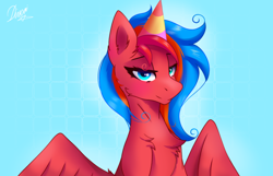 Size: 3500x2250 | Tagged: safe, artist:divori, oc, oc only, oc:gaffy, pegasus, abstract background, birthday, chest fluff, female, gift art, gradient background, happy birthday, hat, heterochromia, looking at you, mare, party hat, pegasus oc, present, shy, sitting, smiling, smiling at you, solo, three toned mane