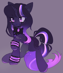 Size: 1852x2155 | Tagged: safe, artist:astralblues, oc, oc only, pony, undead, unicorn, vampire, vampony, bracelet, colored hooves, colored pinnae, cuffs (clothes), cute, cute little fangs, ear fluff, eye clipping through hair, eyebrows, eyebrows visible through hair, fangs, female, gradient mane, gradient tail, gray background, hooves, horn, jewelry, makeup, mare, neck bow, pale belly, purple eyes, raised hoof, running makeup, running mascara, shiny hooves, simple background, solo, tail, tail cuff, unicorn oc