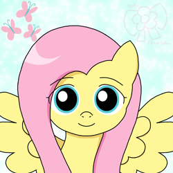 Size: 1600x1600 | Tagged: safe, artist:totallysilversakura, fluttershy, pegasus, g4, cutie mark, female, looking at you, mare, smiling, smiling at you, solo, staring into your soul