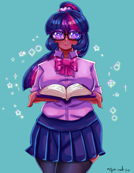 Size: 2550x3300 | Tagged: safe, artist:mylittleyuri, sci-twi, twilight sparkle, human, g4, book, clothes, cute, dark skin, female, glasses, green background, humanized, miniskirt, ponytail, shirt, simple background, skirt, socks, solo, stockings, thigh highs, thigh socks, twiabetes