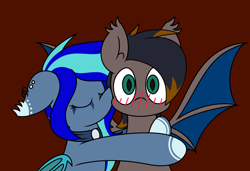 Size: 3492x2385 | Tagged: safe, artist:derpyalex2, oc, oc only, oc:black night, oc:moonlight selene, bat pony, pony, bat pony oc, blush lines, blushing, brown background, cheek kiss, commission, digital art, duo, ear piercing, kissing, piercing, simple background, ych result