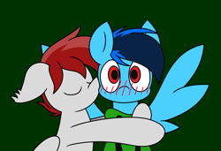 Size: 3492x2385 | Tagged: safe, alternate character, alternate version, artist:derpyalex2, oc, oc only, oc:cobalt chaser, oc:fullmoon, pegasus, pony, blush lines, blushing, cheek kiss, commission, digital art, duo, green background, hug, kissing, simple background, spread wings, wings, ych result