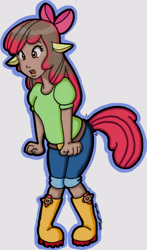 Size: 1485x2533 | Tagged: safe, artist:cqmorrell, apple bloom, human, equestria girls, g4, apple bloom's bow, boots, bow, brown hair, clothes, denim, denim shorts, emanata, female, hair bow, human coloration, human to pony, natural hair color, open mouth, outline, pony ears, red mane, red tail, ripping clothes, shirt, shoes, shorts, signature, simple background, solo, surprised, tail, tail growth, tail hole, transformation, white background