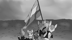 Size: 3840x2160 | Tagged: safe, artist:potatoes, part of a set, earth pony, pegasus, pony, unicorn, equestria at war mod, black and white, flag, grayscale, horn, monochrome, outdoors, ponified