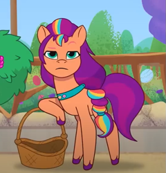 Size: 545x568 | Tagged: safe, screencap, sunny starscout, earth pony, pony, g5, lost in translation (episode), my little pony: tell your tale, spoiler:g5, spoiler:my little pony: tell your tale, spoiler:tyts01e19, basket, cropped, outdoors, solo, sunny starscout is not amused, unamused