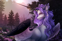 Size: 2038x1364 | Tagged: safe, artist:carmelissa, oc, oc only, alicorn, pony, alicorn oc, ear piercing, earring, female, flower, forest, horn, horn jewelry, jewelry, mare, nature, outdoors, piercing, scenery, solo, tree, wings