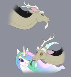 Size: 836x900 | Tagged: safe, artist:dissonus, discord, princess celestia, alicorn, draconequus, pony, g4, annoyed, duo, duo male and female, female, gray background, jewelry, male, mare, regalia, simple background, tongue out