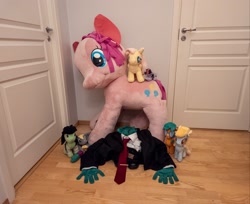 Size: 2622x2142 | Tagged: safe, derpy hooves, fluttershy, pinkie pie, twilight sparkle, oc, oc:anon, oc:fair flyer, oc:filly anon, oc:morning mimosa, alicorn, earth pony, pegasus, pony, mare fair, g4, closed door, clothes, door, earth pony oc, female, filly, fluttershy plushie, gloves, green gloves, implied human, indoors, irl, mare, mare fair 2024, necktie, on floor, pegasus oc, photo, pinkie pie plushie, plush muffin, plushie, suit, twilight sparkle (alicorn), twilight sparkle plushie