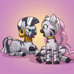 Size: 3000x3000 | Tagged: safe, artist:hexecat, mariama, zecora, zebra, g4, g5, collar, commission, commissioner:dragonpone, crossed hooves, duo, duo female, ear piercing, earring, female, gradient background, jewelry, looking at each other, looking at someone, lying down, mare, neck rings, open mouth, open smile, piercing, prone, signature, sitting, smiling, smiling at each other, tail