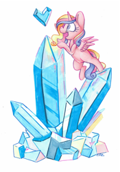 Size: 2293x3276 | Tagged: safe, artist:cutepencilcase, princess cadance, alicorn, pony, g4, climbing, copic, crystal, crystal heart, cute, cutedance, female, mare, simple background, solo, traditional art, white background