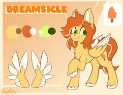 Size: 1851x1440 | Tagged: safe, artist:spoopy-abby, oc, oc only, oc:dreamsicle, oc:dreamsicle daydream, pegasus, pony, chest fluff, gradient background, reference sheet, signature, solo, unshorn fetlocks