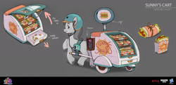 Size: 1920x928 | Tagged: safe, artist:debbie yeo, boulder media, sunny starscout, earth pony, pony, g5, my little pony: a new generation, boulder media logo, concept art, female, food, food cart, hasbro, hasbro logo, helmet, logo, mare, netflix, netflix logo, raised leg, solo, unshorn fetlocks, walking, wheel