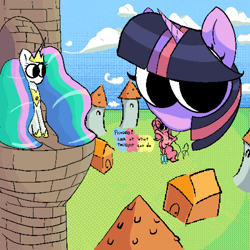 Size: 5000x5000 | Tagged: safe, artist:boneappleteeth, pinkie pie, princess celestia, twilight sparkle, balloon pony, inflatable pony, g4, digital art, female, impossibly large head, outdoors, pixel art, trio, trio female