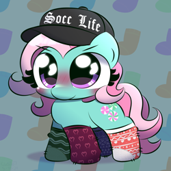 Size: 3000x3000 | Tagged: safe, artist:cushyhoof, minty, earth pony, pony, g3, blackletter, blushing, cap, clothes, commission, cute, female, hat, high res, mare, mintabetes, socks, solo, that pony sure does love socks, thigh highs, wingding eyes