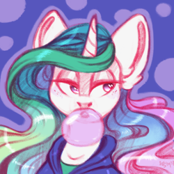 Size: 2000x2000 | Tagged: safe, artist:amishy, princess celestia, alicorn, pony, g4, bubblegum, bust, clothes, female, food, gum, hoodie, lidded eyes, mare, portrait, solo