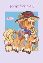 Size: 1280x1859 | Tagged: safe, artist:zackchibi, applejack, earth pony, pony, g4, braid, braided ponytail, deviantart watermark, female, mare, obtrusive watermark, open mouth, open smile, ponytail, raised hoof, scarecrow costume, signature, smiling, solo, unshorn fetlocks, watermark