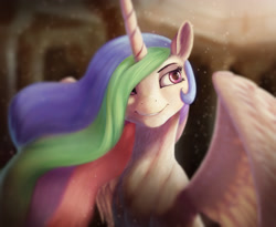 Size: 3159x2585 | Tagged: safe, alternate version, artist:starblaze25, princess celestia, alicorn, pony, g4, aside glance, bust, cheek fluff, chest fluff, cute, cutelestia, dust motes, ear fluff, female, fluffy, grin, hair over one eye, high res, lidded eyes, looking at you, looking back, mare, missing accessory, neck fluff, portrait, sitting, smiling, solo, sparkles, spread wings, sternocleidomastoid, wing fluff, wings