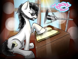 Size: 1032x774 | Tagged: safe, artist:vexac, oc, oc only, oc:rampage, earth pony, pony, book, indoors, microphone, solo, the brony show, window