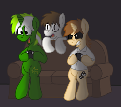 Size: 1488x1318 | Tagged: safe, artist:short circuit, oc, oc only, oc:blankedmind, oc:circuit mane, earth pony, pony, unicorn, black sclera, controller, couch, horn, open mouth, trio