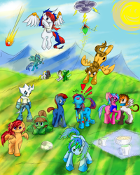 Size: 4000x5000 | Tagged: safe, artist:vexac, oc, oc only, oc:circuit mane, oc:crazymattcaptain, oc:d-pad, oc:kreature, alicorn, earth pony, pegasus, pony, unicorn, horn, outdoors