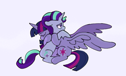 Size: 546x330 | Tagged: safe, artist:driftwoodpony, starlight glimmer, twilight sparkle, alicorn, pony, unicorn, g4, duo, duo female, eyes closed, female, floppy ears, horn, hug, mare, purple background, simple background, spread wings, twilight sparkle (alicorn), wings