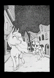 Size: 899x1280 | Tagged: safe, artist:darkhestur, oc, oc only, oc:cerulean bubbles, oc:mist, oc:starry sky, earth pony, undead, unicorn, vampire, building, covered cutie mark, duo, horn, ink drawing, lyrics in the description, monochrome, outdoors, passepartout, pointillism, running, streets, traditional art