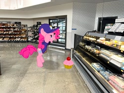 Size: 2016x1512 | Tagged: safe, pinkie pie, earth pony, pony, g4, bipedal, cake, cap, cherry, clothes, cupcake, food, grocery store, hat, indoors, irl, lidded eyes, photo, store, walmart