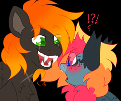 Size: 7173x6000 | Tagged: safe, artist:crazysketch101, oc, oc only, oc:ashton burnside, oc:crazy looncrest, pegasus, pony, black background, blushing, chest fluff, duo, ear fluff, fangs, scar, sharp teeth, ship:burncrest, shocked, simple background, teeth