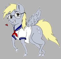 Size: 1566x1502 | Tagged: safe, artist:pencilfriend, derpy hooves, pegasus, pony, g4, blonde, blonde hair, bubble, clothes, colored, cute, drawpile, flat colors, glasses, gray background, grin, heart, hooves, looking at you, raised hoof, realistic horse legs, request, school uniform, schoolgirl, simple background, smiling, solo, wings