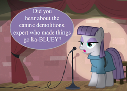 Size: 938x670 | Tagged: safe, edit, edited screencap, editor:korora, screencap, maud pie, g4, the maud couple, bar stool, bluey, cropped, maud the comedian, microphone, microphone stand, pun, solo, speech bubble